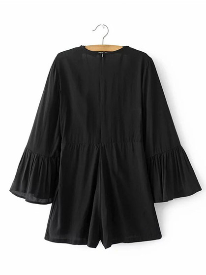 Casual Deep V-Neck Plain Wide-Leg Romper With Bell Sleeve