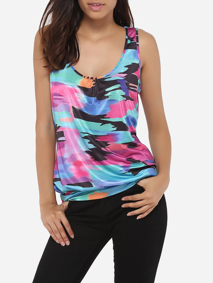 Casual Scoop Neck Dacron Assorted Colors Printed Sleeveless-t-shirt