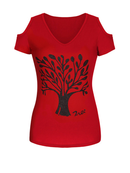 Casual Tree Printed Open Shoulder Short Sleeve T-Shirt
