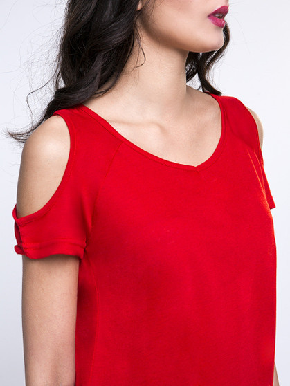 Casual Open Shoulder Solid Short Sleeve T-Shirt With Asymmetric Hem