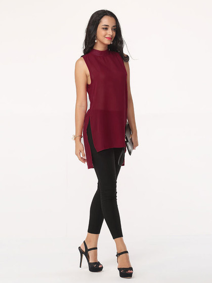 Casual Hollow Out Plain High-Low Charming Band Collar Blouse