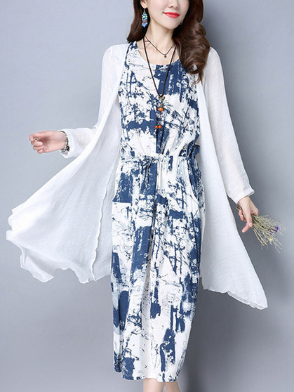 Casual Drawstring Abstract Print Two-Piece Maxi Dress