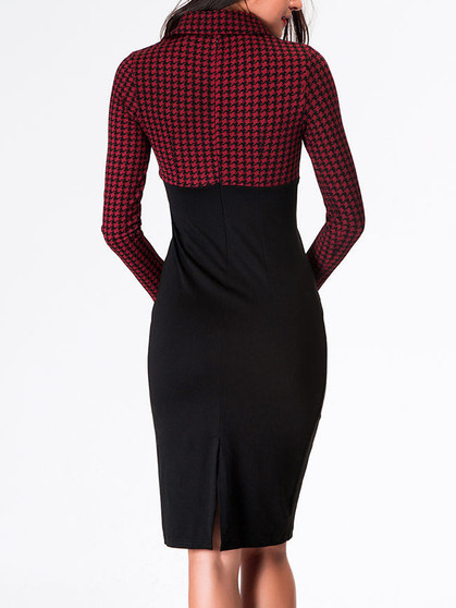 Casual Polo Collar Houndstooth Patchwork Bodycon-dress