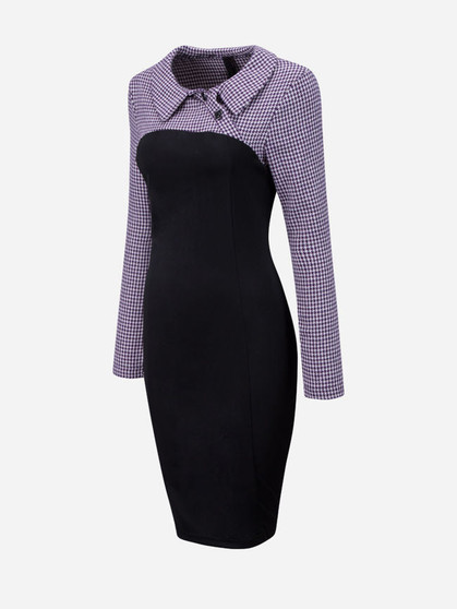Casual Doll Collar Houndstooth Patchwork Bodycon Dress
