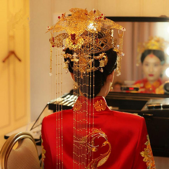 Traditional Chinese Wedding Bride Hair Tiara Empress Princess Long Tassel Queen Hair Accessory