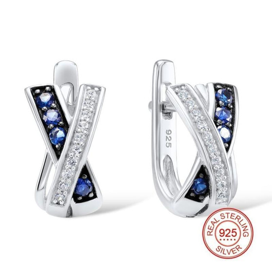 Blue 925 Sterling Silver with Stones Cubic Zirconia Stud  Earrings
