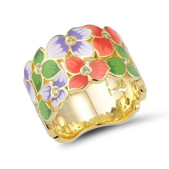 Flower Floral Rings Cubic Zirconia Golden Jewelry Enamel HANDMADE Ring