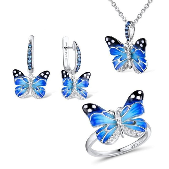 HANDMADE Enamel CZ Stones Butterflies Ring Earrings Pendent Necklace 925 Sterling Silver Women Jewelry Set