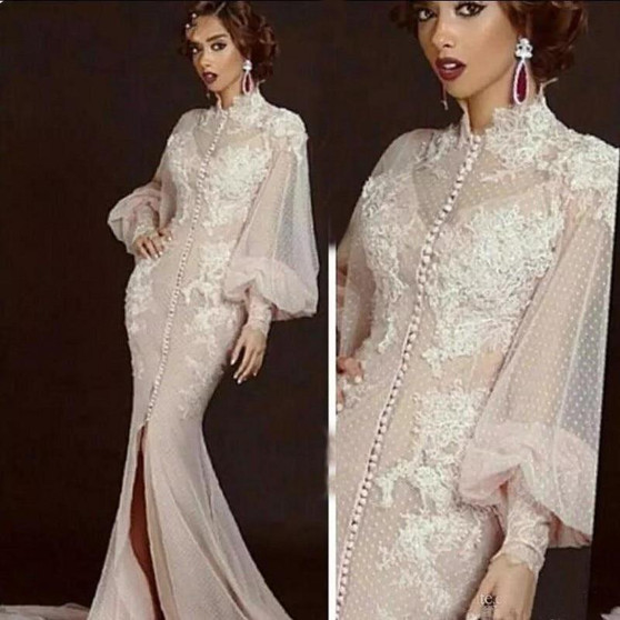 Mermaid Train Long Sleeves Tulle Lace Slit Formal Arabic Long Elegant Evening Dress