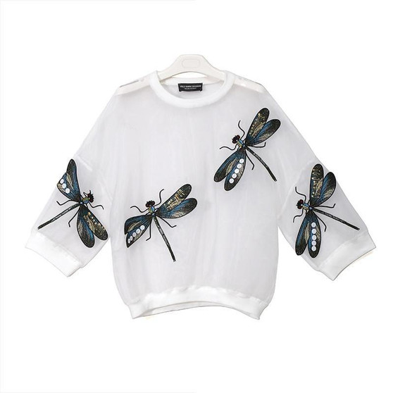Sheer Oversized  Dragonfly Long Sleeve Transparent T-shirt