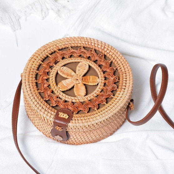 Bohemian Woven Rattan Bag Handmade Round Crossbody Straw Bag