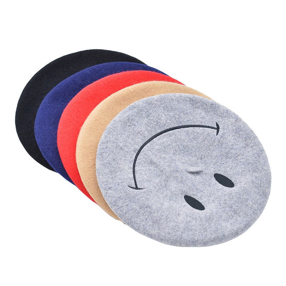 Painter Hat Embroidered Smiley Face Wool Beret Winter Hats For Women