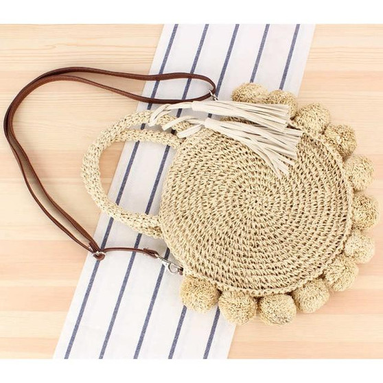 New Beach Rattan Handbags Round Woven Straw Shoulder Bag