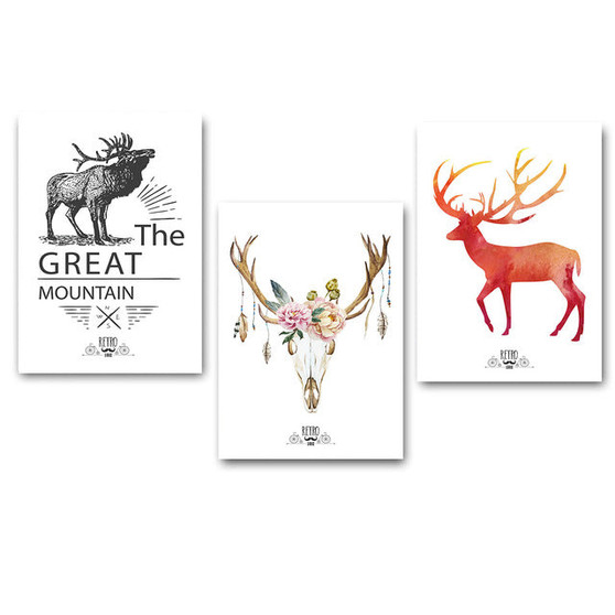 3 pcs Nordic Art Deer Flower Poster Minimalist A4 Canvas Painting Abstract Wall Picture Print Modern Home Bedroom Room Decor 213
