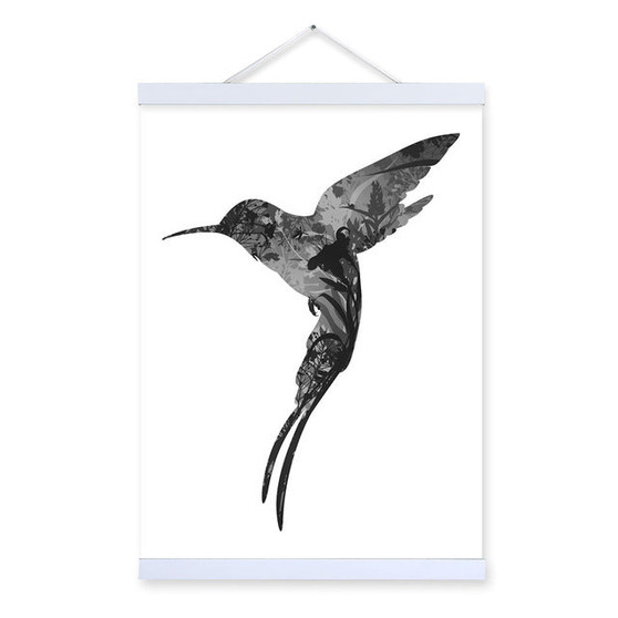 Hummingbird Black White Nordic Minimalist Animal Feather Framed Canvas Painting Wall Art Prints Picture Poster Scroll Home Decor