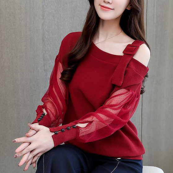 Autumn Long Sleeve Shirt  Blouses  Off Shoulder Top Solid Blouse