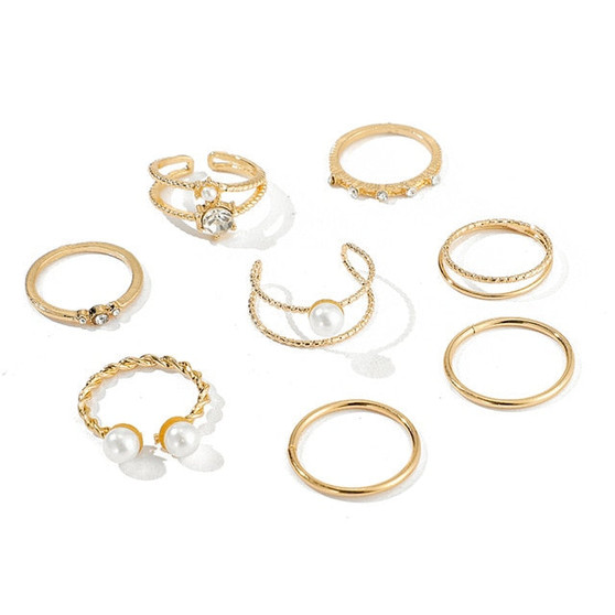 8pc Gold Pearl Ring Set