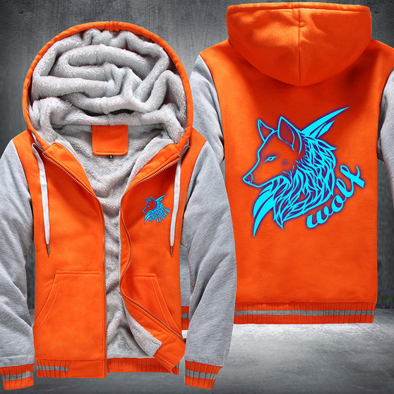 Wolf Printing Pattern Thicken Fleece Zipper Orange Grey Hoodies Jacket