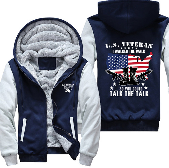 U.S. Veteran I walked the walk Printing Pattern Thicken Fleece Zipper Blue Hoodies Jacket