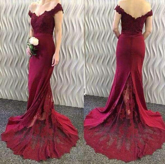 Burgundy 2019 Cheap Mermaid Off The Shoulder Lace Long Wedding Bridesmaid Dresses For Women