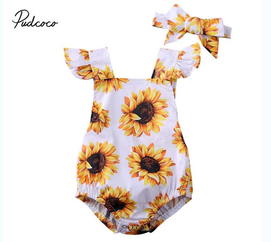 2020 Baby Summer Clothing Newborn Baby Girl Sunflower Jumpsuit Clothes Bodysuit Headband Backless Outfits