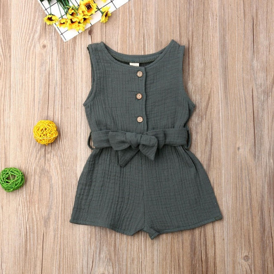 Pudcoco Summer Newborn Baby Girl Clothes Sleeveless Solid Color Cotton And Hemp Romper Jumpsuit Belt One-Piece Outfit Sunsuit