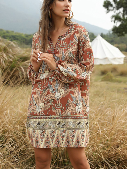 Bohemian V-neck print dress blouse