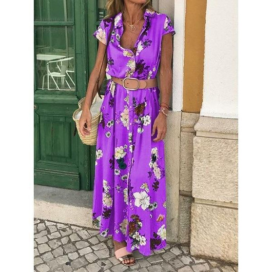 Bohemian Retro Ethnic Wind Holiday Wind V Neck Loose Waist Long Dress