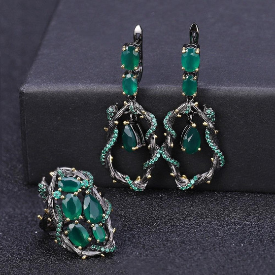 Vintage Drop Natural Green Agate Gemstone Earrings