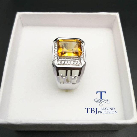 Emerald Cut Natural Citrine Men's 925 Sterling Silver Gemstone Ring