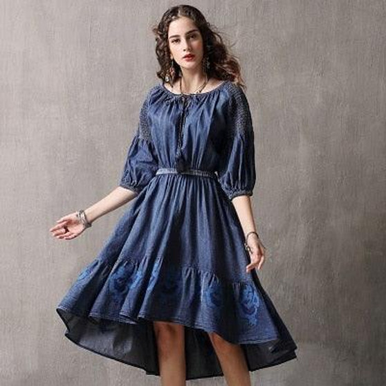 Three Quarter Sleeve A-Line Asymmetrical Women Dress