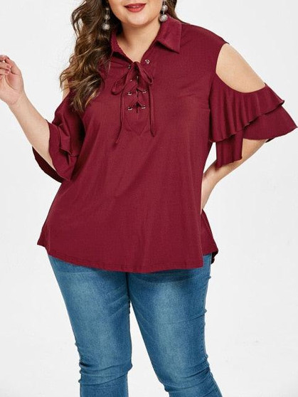 Plus Size Criss Cross Cold Shoulder Ruffles Blouse