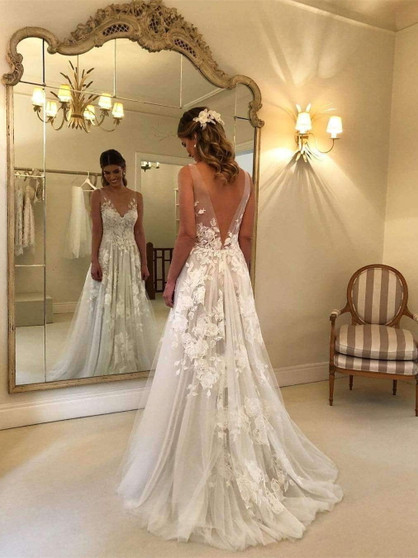 Elegant Lace V Neck Backless With Applique Wedding Dresses W325