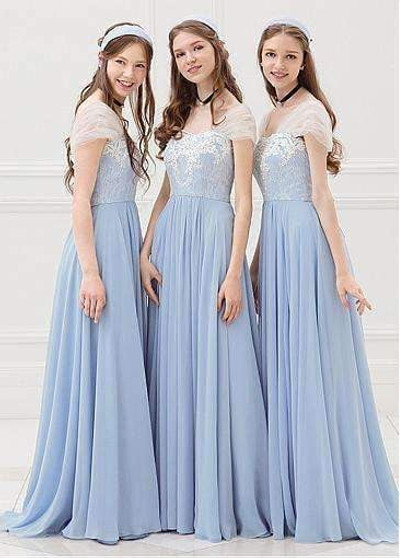 Blue Sweetheart Cap Sleeves A-line Bridesmaid Dresses Long Prom Dresses