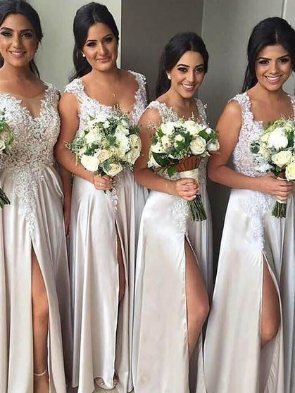 V Neck Sleeveless Side Slit Bridesmaid Dresses Affordable Prom Dresses With Lace