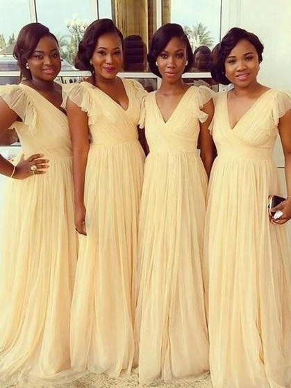 Simple V Neck Cap Sleeves Chiffon Bridesmaid Dresses A Line Prom Dresses
