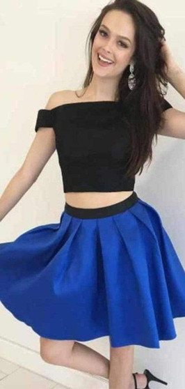 Cute Two Piece Off the Shoulder Satin A Line Homecoming Dress M610