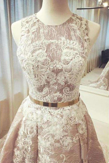 Gorgeous Round Neck Sleeveless Lace Prom Dress Sweep Train with Appliques P930