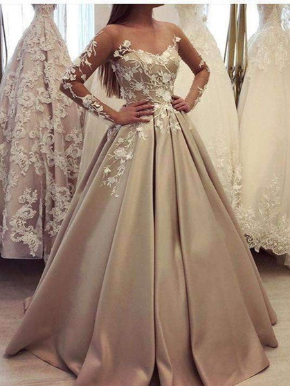 Elegant Sweetheart Long Sleeves Satin A Line Prom Dress with Appliques P905