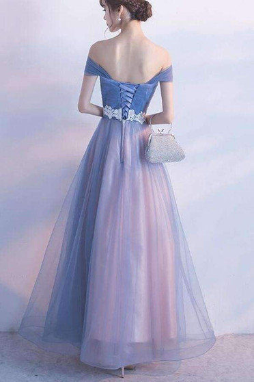 Elegant Blue Off Shoulder Sweetheart A Line Prom Dress with Appliques P900