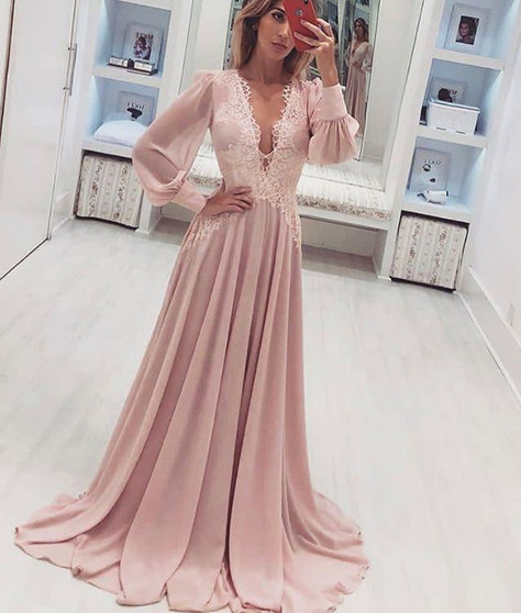 Simple Deep V Neck Lace Prom Dress with Long Sleeves Party Dress P881