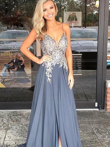Unique Spaghetti Straps V Neck Sleeveless Floor Length With Appliques Prom Dress P816