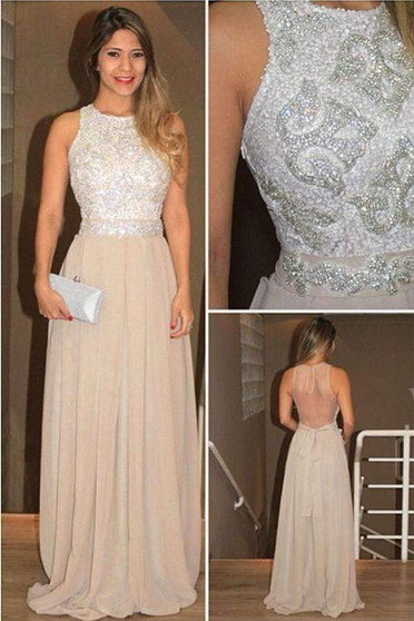 Jewel Neck Sleeveless Prom Dress,A Line/Princess Sheer Back Beading Evening Dress OMP38