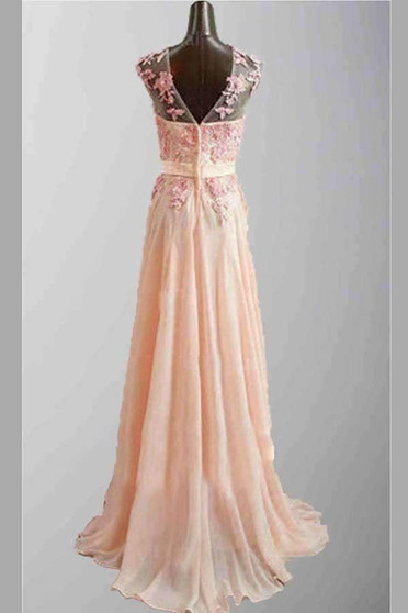Pink A Line Sweep Train Sheer Neck Sleeveless Appliques Prom Dress,Bridemaid Dress P87
