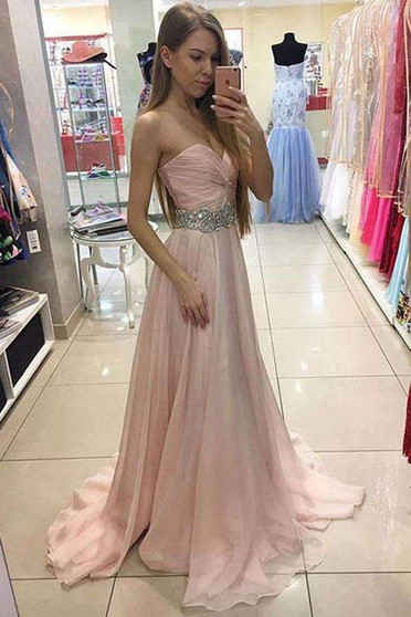 Pink A Line Brush Train Sweetheart Strapless Sleeveless Layers Chiffon Prom Dress,Party Dress P398