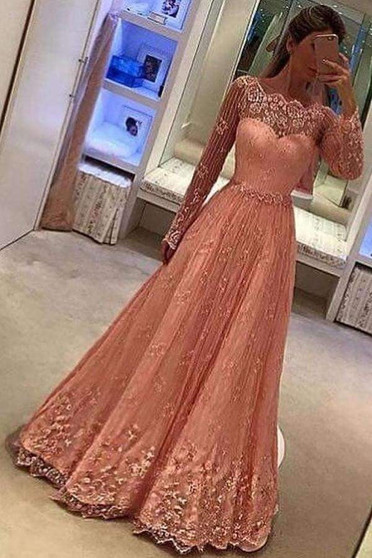 Pink A Line Floor Length Off Shoulder Long Sleeve Lace Prom Dress,Party Dress P516
