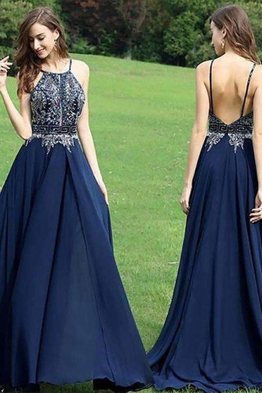 Dark Navy A-Line Halter Sleeveless Spaghetti Straps Chiffon Beading Long Prom Dresses P558