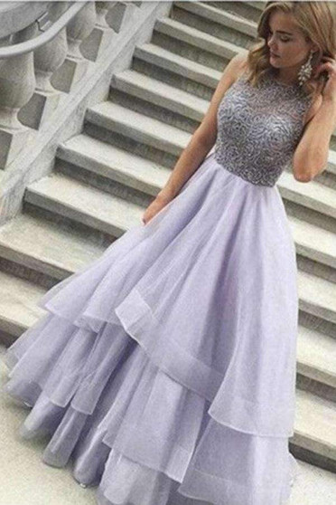 Princess A Line Boat Prom Dress,Layers Tulle Appliques Beading Evening Dress OMP18