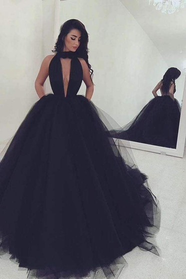 Black Ball Gown Court Train Halter Sleeveless Backless Tulle Prom Dress,Party Dress P135