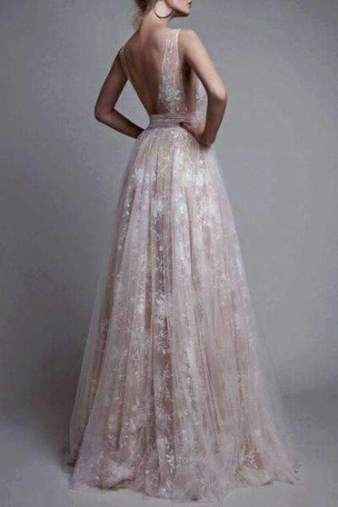 Gorgeous Lace With Appliques V Neck Long Formal Dress Long Prom Dress P725